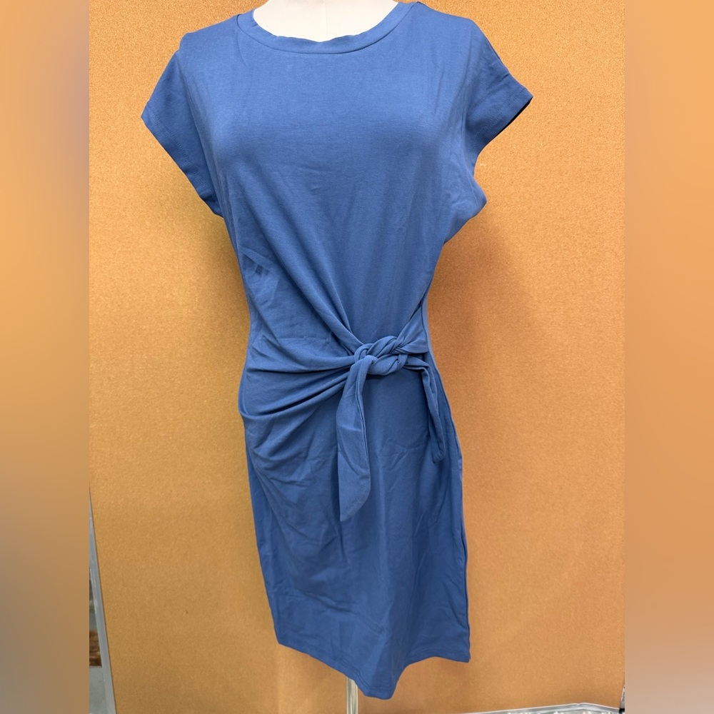 Womens Blue Cap-Sleeve T-Shirt Dress Casual Comfy with Waist Tie Size M - NEW